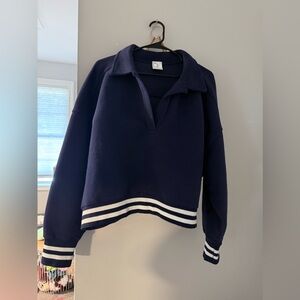 Aerie Navy Blue Cropped Collared Sweatshirt with Striped Cuffs